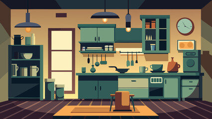 Vector art of a vibrant kitchen interior featuring stylish cabinets, modern appliances, and warm lighting, creating a welcoming and functional space for culinary activities