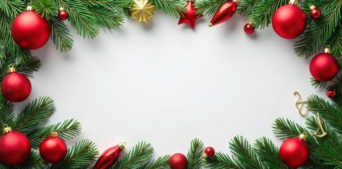 A festive Christmas banner filled with red ornaments, pine branches, and a golden frame, perfect for holiday celebrations , decorations, holiday