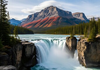 Fototapeta premium Waterfall in Mountain Valley – Towering Peaks and Lush Forest, Canada