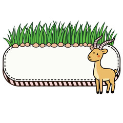 Cute cartoon illustration of a gazelle with grass and stones with a blank text box, perfect for adding personalized titles and messages.