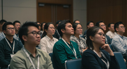 Obraz premium Crowd listening in conference hall, diverse young professionals attending business seminar and team growth event