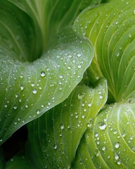 Obraz premium Close up of vibrant green hosta leaves covered in glistening water droplets