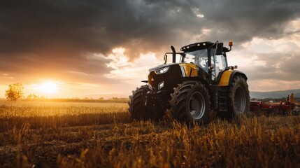 Fototapeta premium A powerful agricultural tractor in a golden wheat field