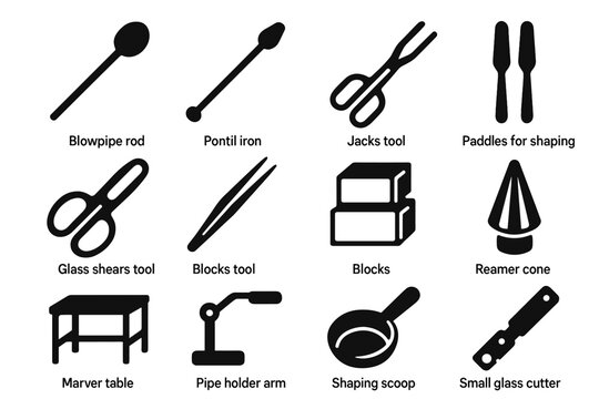 Icon tool glassblowing glass paddles icons rod shaping pipe shears blocks vector