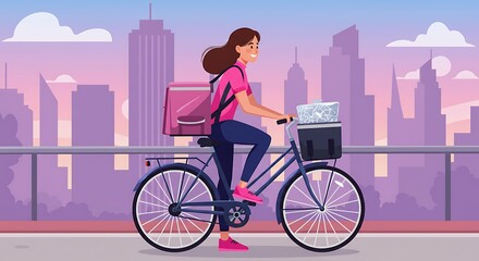 A smiling woman on a bicycle with a pink delivery bag and a front basket, cycling against a city skyline