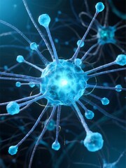 Obraz premium Illustration of a neuron cell with glowing blue synapses and dendrites against a dark background