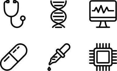Six Black Outline Icons Of Medical And Technology Symbols On White Background stethoscope monitor