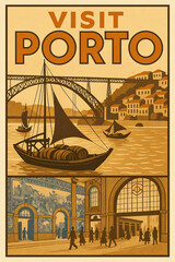 Vintage Art Deco Style Travel Poster showing Dom Luis I Bridge and Sao Bento Train Station