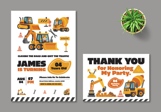 Construction Kids Birthday Invitation and Thank You Card Template