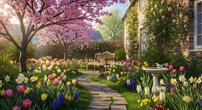 A charming, springtime garden path winds past vibrant flowerbeds and a quaint brick home, bathed in the soft morning sun.
