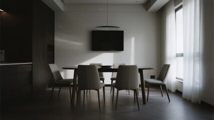 Modern dining room with minimalist furniture and natural light from a large window