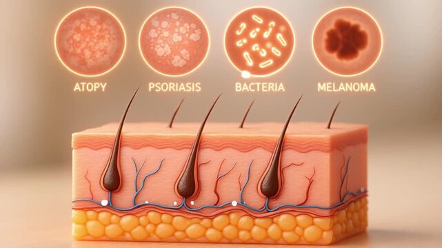 Medical hologram of human skin cross section with hair follicle, highlighting atopy, psoriasis, bacteria, melanoma, detailed layers, educational dermatology and healthcare scientific visual
