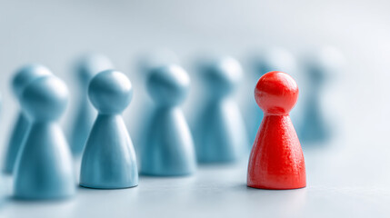 One red pawn figure standing out from blue pawns, minimal white background, concept of individuality.