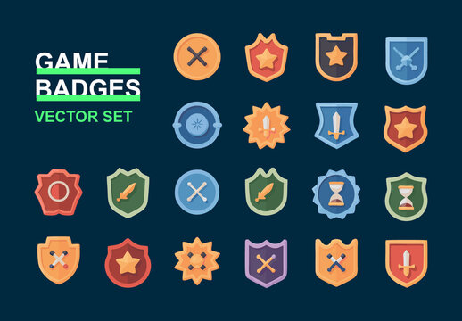 Fantasy Game Badges Vector Set Shields, Stars, Swords