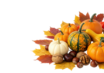 Small white, orange, and green ornamental pumpkins, gourds, colorful fall leaves, and nuts arranged in the bottom right corner on a bright white background with copy space, autumn harvest celebration