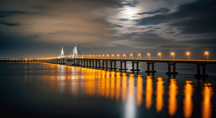 Obraz premium Illuminated suspension bridge over river at night with golden light reflections – modern cityscape landmark