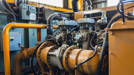 Diesel generator with a robust metallic gray body, a large fuel tank, and an exhaust pipe, placed in an industrial facility, construction site, or backup power room to generate electricity, equipped w