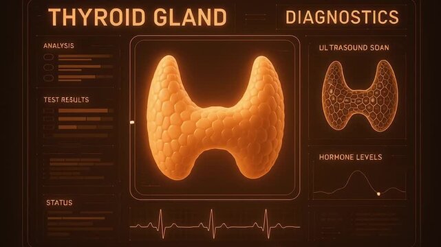 Thyroid gland medical hologram diagnostics display showing analysis test result status ultrasound scan hormone levels futuristic healthcare interface and modern healthcare analysis test result status
