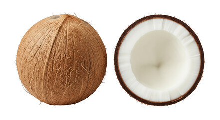 Whole coconut and halved coconut revealing its white flesh isolated on transparent background