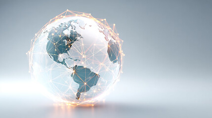 White background with 3D globe showing network connections glowing, symbol of global digital communication.