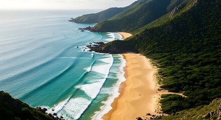A breathtaking coastal vista showcases a pristine beach, with rolling waves crashing on the shore, surrounded by lush greenery and rugged mountains.