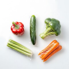 Fresh vegetables, individually wrapped in clear plastic wrap, arranged on a white surface.