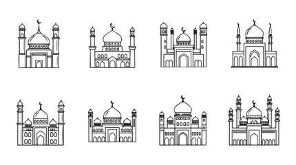 Obraz premium Collection of hand drawn mosque icons stylized architectural mosques for islamic celebrations and designs silhouette