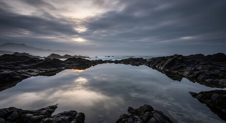 Tranquil coastal scene with dark rocks reflected in a still pool of water under a dramatic sky.