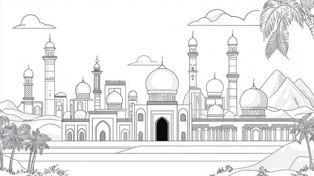 Detailed black and white illustration of majestic palace complex featuring domes, minarets, and palm trees, set against mountainous backdrop