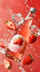 A bottle of pink drink with strawberries and ice cubes