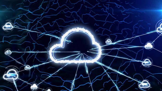 Futuristic video concept of cloud computing with a digital network. Top-down angle highlights interconnected glowing clouds on a dark blue background. Live desktop wallpaper.