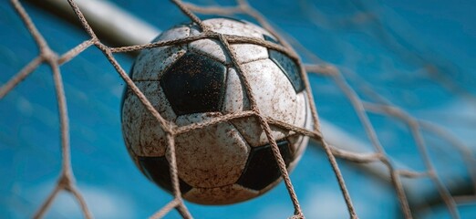 Naklejka premium A classic black and white soccer ball tangled in a net