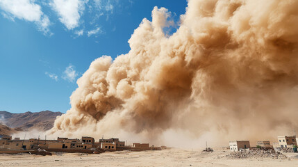 Dramatic sandstorm envelops desert landscape, showcasing swirling dust clouds and obscured buildings, creating sense of awe and intensity
