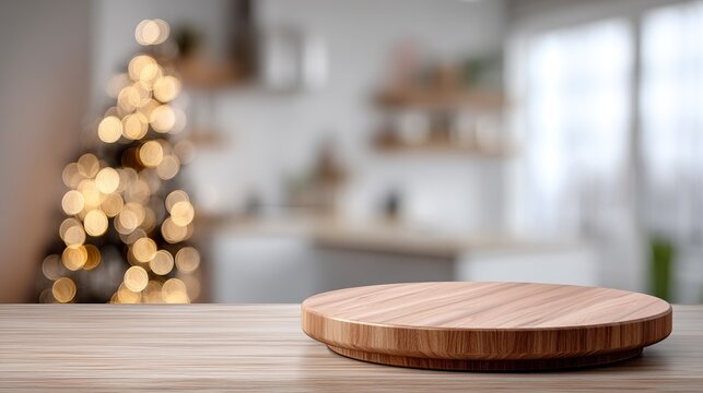 An empty wooden table, kitchen, Christmas tree, blurred background, close-up view of a round board, white theme. Perfect for product display, creating a soft focus holiday decoration.