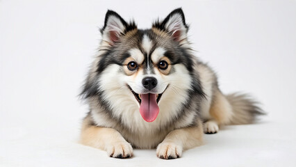A pomsky dog sitting and panting against a plain white background, showcasing its fluffy coat and playful demeanor