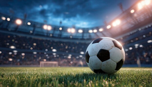 A classic black and white soccer ball on a vibrant green field - Powered by Adobe