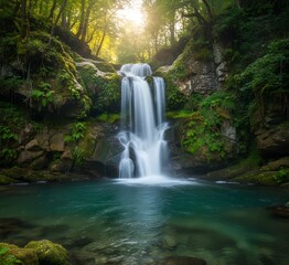 Fototapeta premium Waterfall cascading into pool with mossy rocks