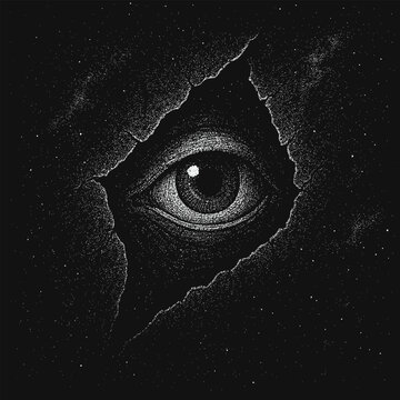 Surreal cosmic vector illustration facing a rift in space with a giant eye peeking out. Hand-drawn stippling style