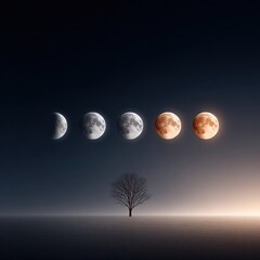 Obraz premium Phases of the moon displayed above a solitary tree in a tranquil landscape.