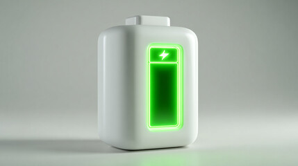 Fototapeta premium White background with isolated 3D battery icon glowing green, concept of sustainable energy and efficiency.