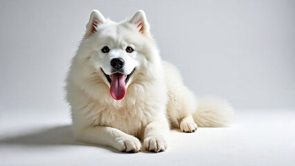 Samoyed dog sitting and panting against a plain white background, showcasing its fluffy white fur and friendly expression