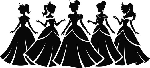 Silhouette of five elegant princesses in formal gowns and crowns vector © Murad