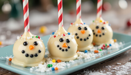 Fototapeta premium Snowman cake pops macro shot, white chocolate, winter celebration -