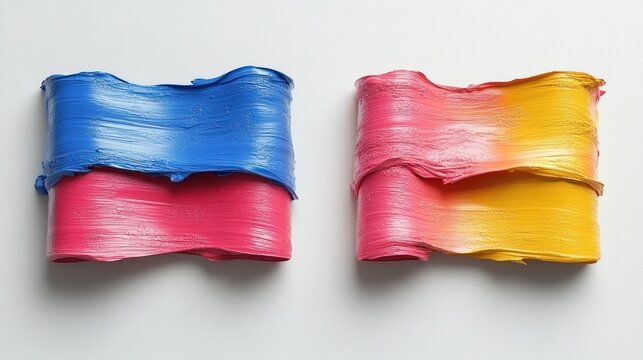 Two thick swathes of paint in blue and pink contrast beautifully with yellow hues