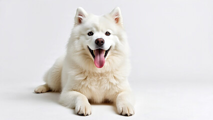 Samoyed dog sitting and panting against a plain white background, showcasing its fluffy white fur and friendly expression