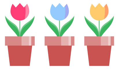 Illustration of three tulip pots in red, blue, and yellow, shown in color. Ideal for gardening themes, spring decoration, kindergarten signs, and flower illustrations.