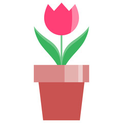 Illustration of a red tulip in a potted plant, shown in color. Useful for kindergarten signs, gardening, spring decorations, and flower bed illustrations.