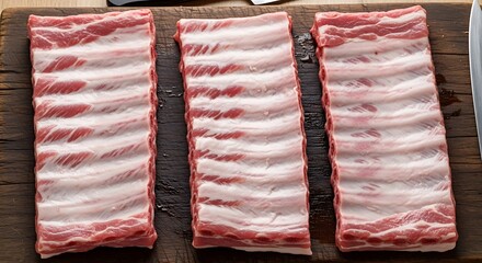 Three slabs of raw pork ribs displayed on a wooden cutting board.