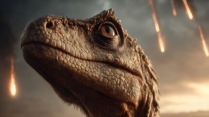 Obraz premium A dinosaur stares intently at the falling meteors in the darkening sky during twilight
