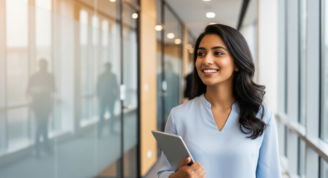 young indian business woman holding tablet standing at office